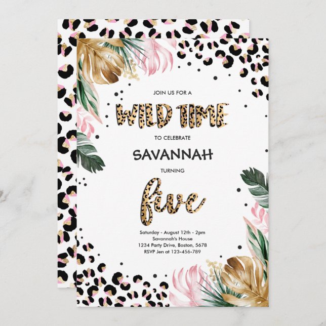 Leopard Print 5th Birthday Safari Jungle Party Invitation (Front/Back)