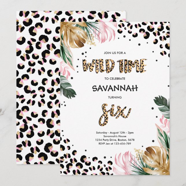 Leopard Print 6th Birthday Safari Jungle Party Invitation (Front/Back)