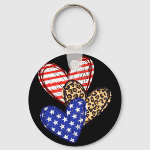 Leopard print american flag hearts 4th of july key ring