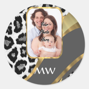 Leopard print and grey swirl classic round sticker