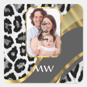 Leopard print and grey swirl square sticker