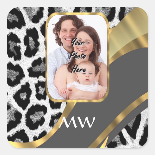 Leopard print and grey swirl square sticker (Front)