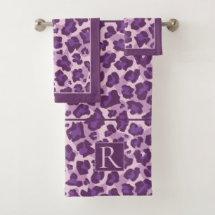 Leopard print and monogram in purple tones bath towel set