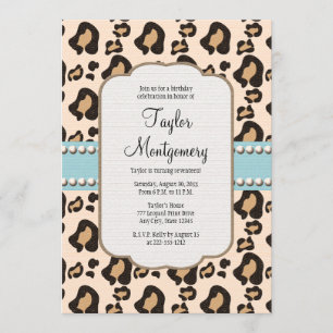 Leopard Print and Pearl Birthday Invitation Blue
