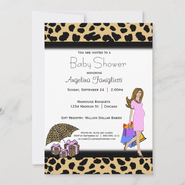 Leopard Print And Pink Shopping Mummy Invitation (Front)