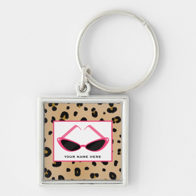 Leopard Print And Retro Pink Sunglasses Key Ring (Front)