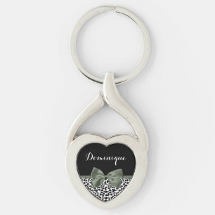 Leopard Print Animal Pattern Dark Green Bow Key Ring
