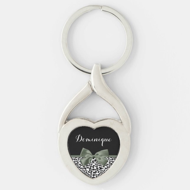 Leopard Print Animal Pattern Dark Green Bow Key Ring (Front)