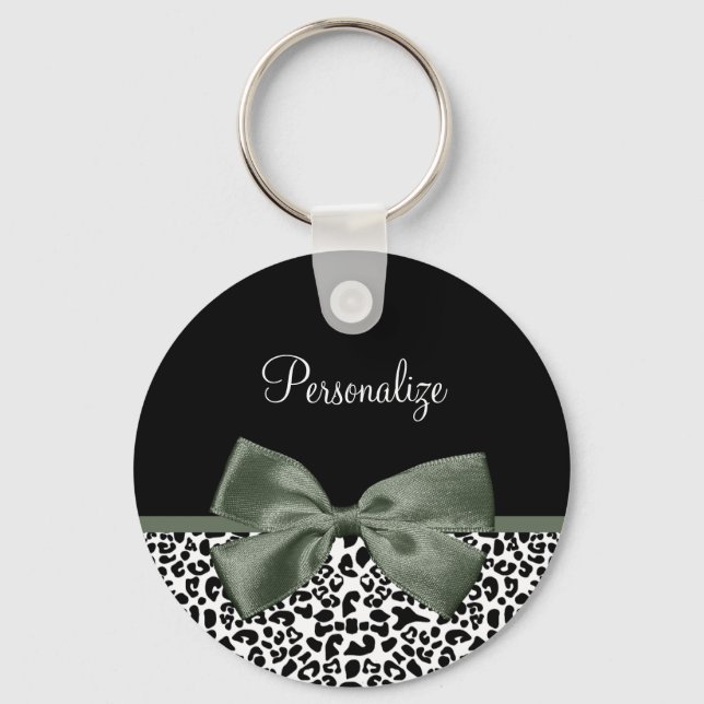 Leopard Print Animal Pattern Dark Green Bow Key Ring (Front)