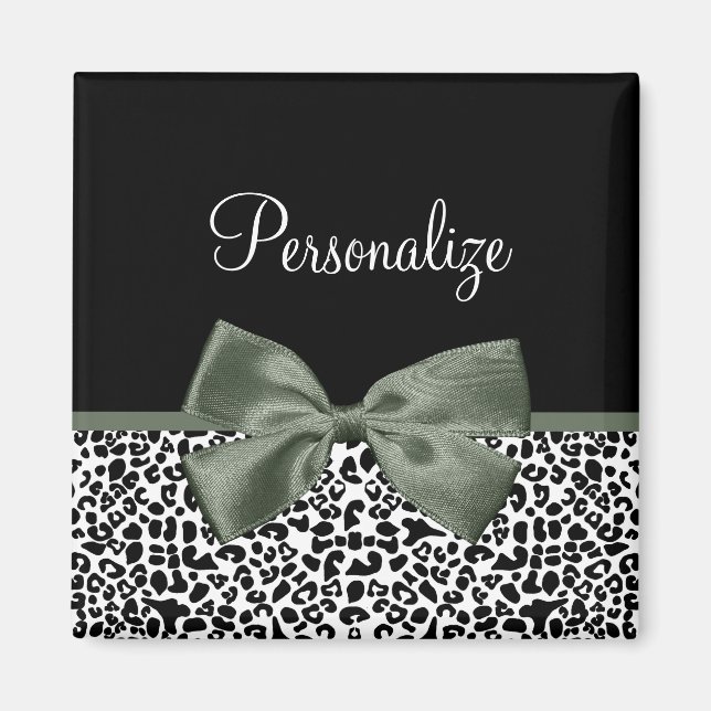 Leopard Print Animal Pattern Dark Green Bow Magnet (Front)