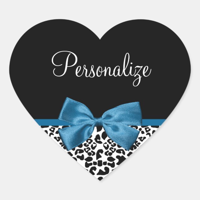 Leopard Print Animal Pattern Pretty Blue Bow Heart Sticker (Front)