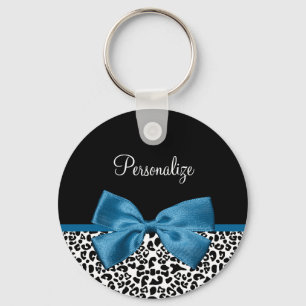Leopard Print Animal Pattern Pretty Blue Bow Key Ring