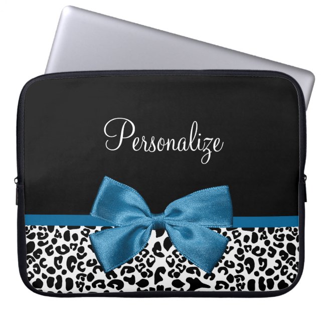 Leopard Print Animal Pattern Pretty Blue Bow Laptop Sleeve (Front)