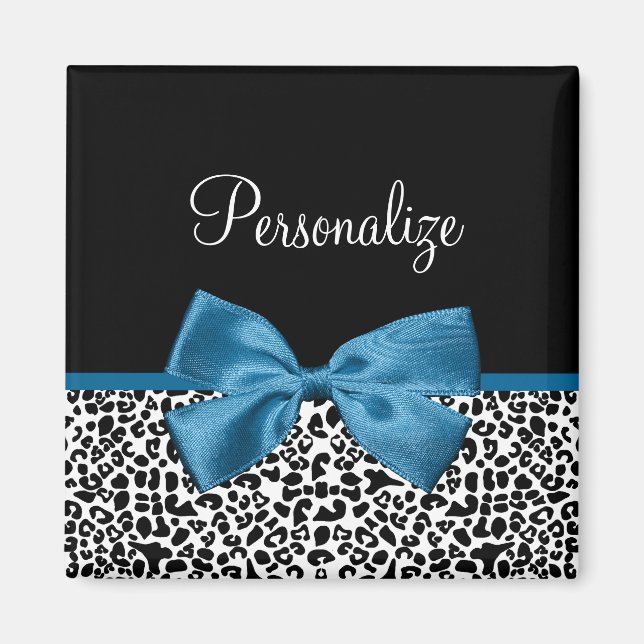 Leopard Print Animal Pattern Pretty Blue Bow Magnet (Front)