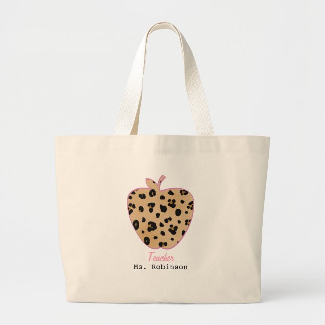 Leopard Print Apple Teacher Large Tote Bag (Front)