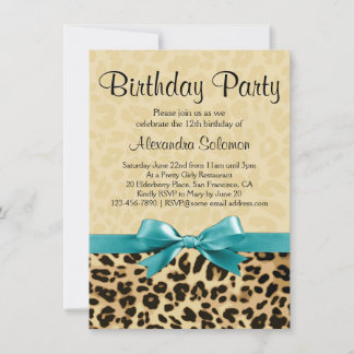 Leopard Print Aqua Blue Bow Girl Birthday Party Invitation
