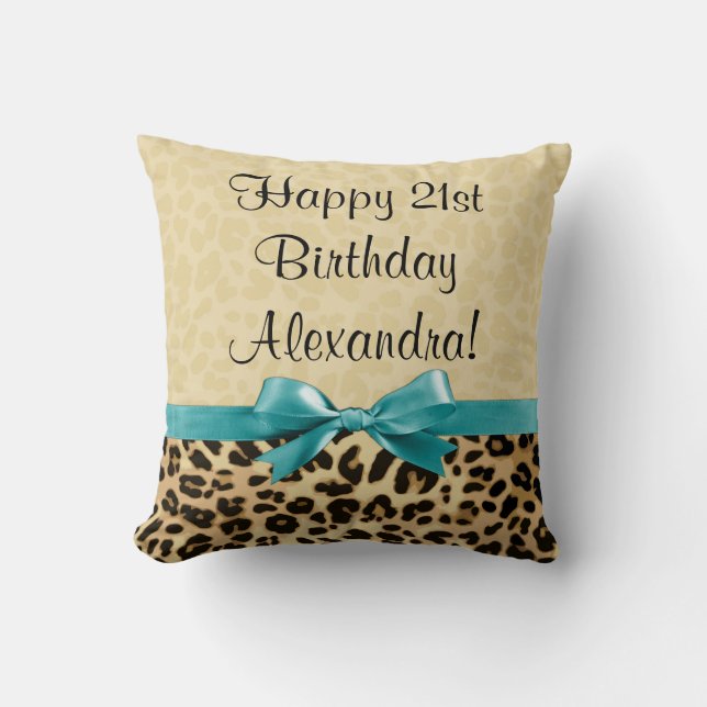 Leopard Print Aqua Blue Bow Girls Womens Birthday Cushion (Front)