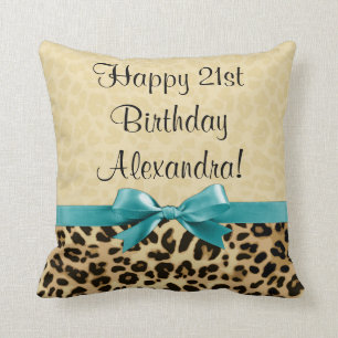 Leopard Print Aqua Blue Bow Girls Womens Birthday Cushion