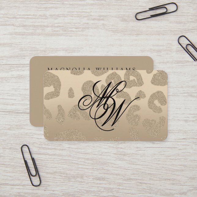 Leopard Print Beige Monogram Business Card (Front/Back In Situ)