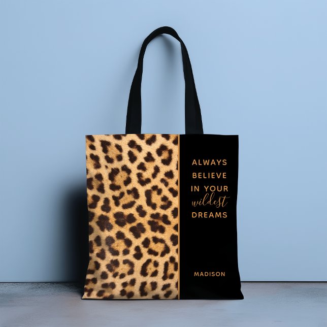 Leopard Print Believe Stylish Modern Personalised Tote Bag (Creator Uploaded)
