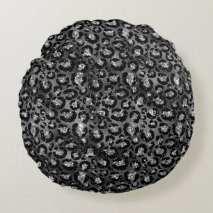 Leopard Print Black and Silver Grey Round Cushion
