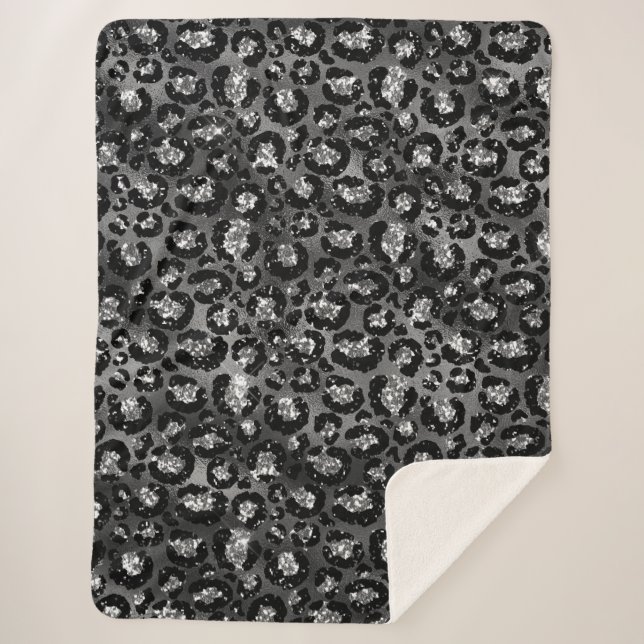 Leopard Print Black and Silver Grey Sherpa Blanket (Front)