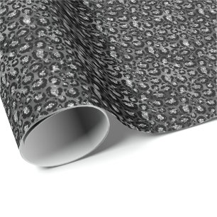 Leopard Print Black and Silver Grey Wrapping Paper
