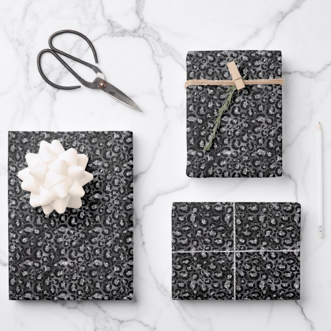 Leopard Print Black and Silver Grey Wrapping Paper Sheet (Front)