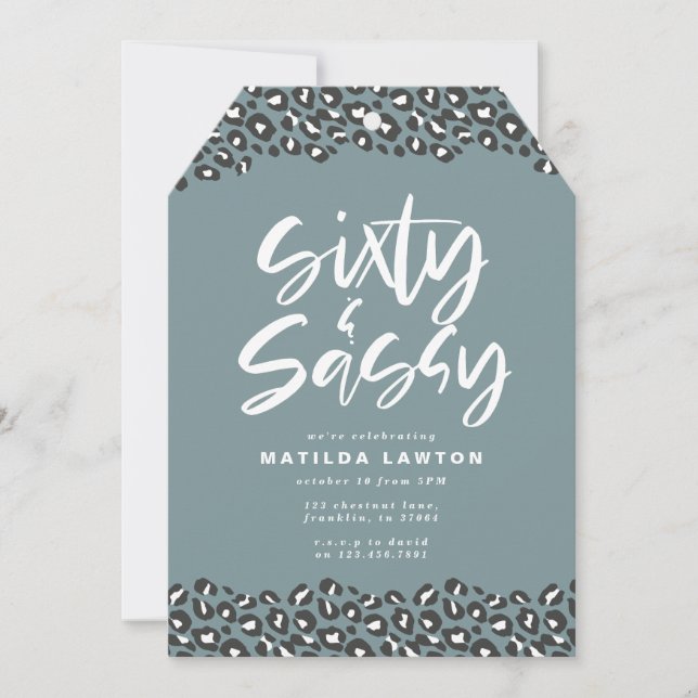 Leopard print black and white sixty and sassy 60th announcement (Front)