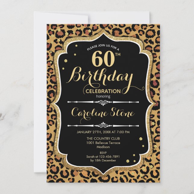 Leopard Print Black Gold 60th Birthday Invitation (Front)