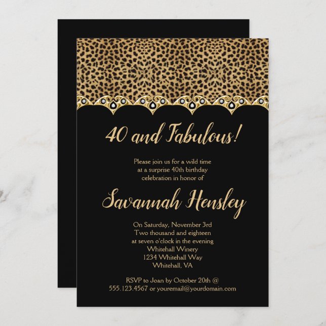 Leopard Print Black Gold Diamonds 40 and Fabulous Invitation (Front/Back)