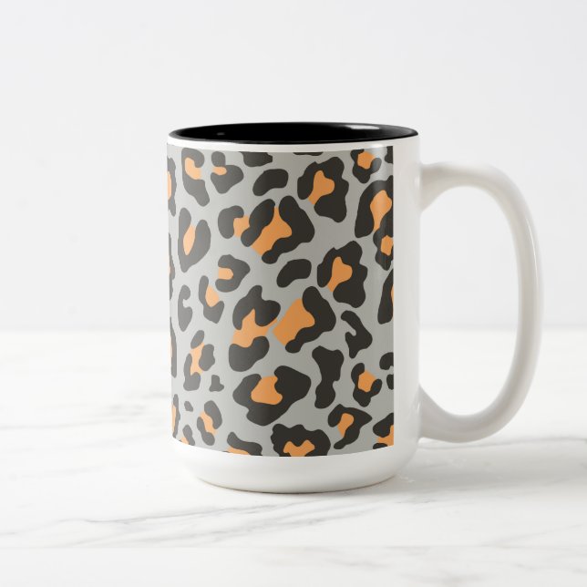 Leopard Print Black, Grey, Orange Two-Tone Coffee Mug (Right)