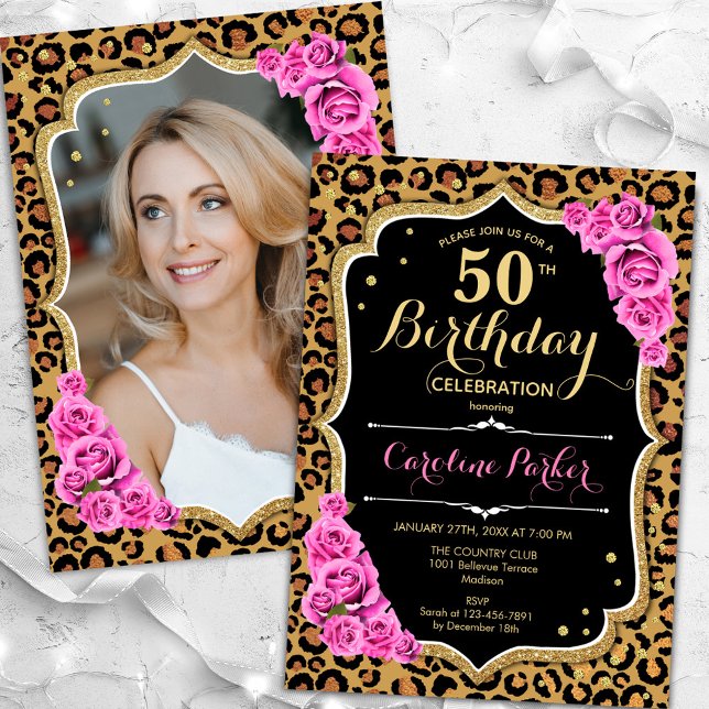 Leopard Print Black Pink Photo 50th Birthday Invitation (Creator Uploaded)