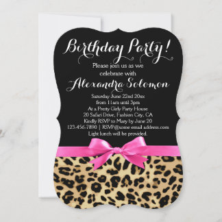 Leopard Print Black w/ Hot Pink Bow Birthday Party Invitation