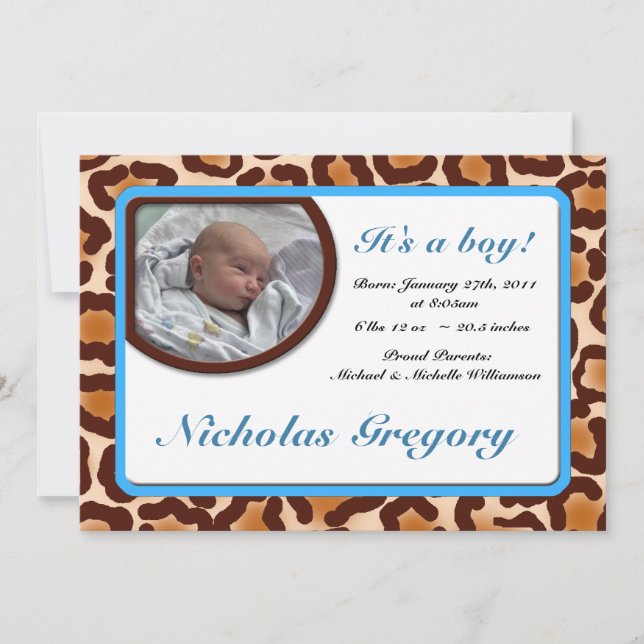 Leopard Print Blue Birth Announcements (Front)