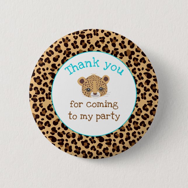 Leopard Print Blue Quatre foil 'Thank you' 6 Cm Round Badge (Front)