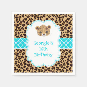 Leopard Print Blue Quatrefoil Birthday Party Napkin