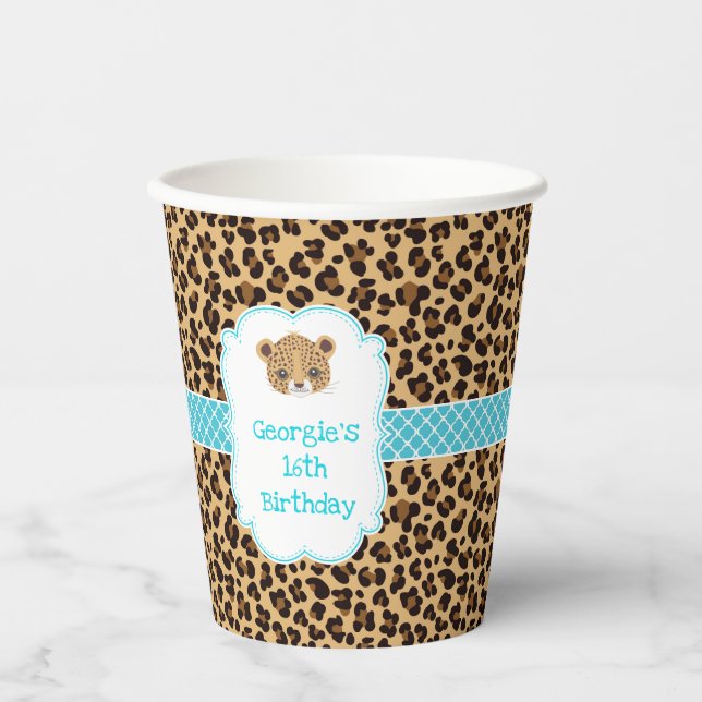Leopard Print Blue Quatrefoil Birthday Party Paper Cups (Front)