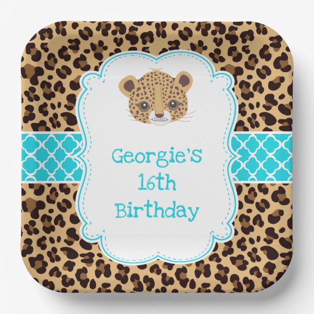 Leopard Print Blue Quatrefoil Birthday Party Paper Plate (Front)