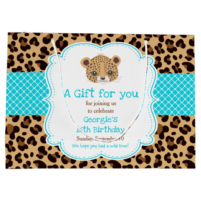 Leopard Print Blue Quatrefoil Thank You Large Gift Bag (Back)