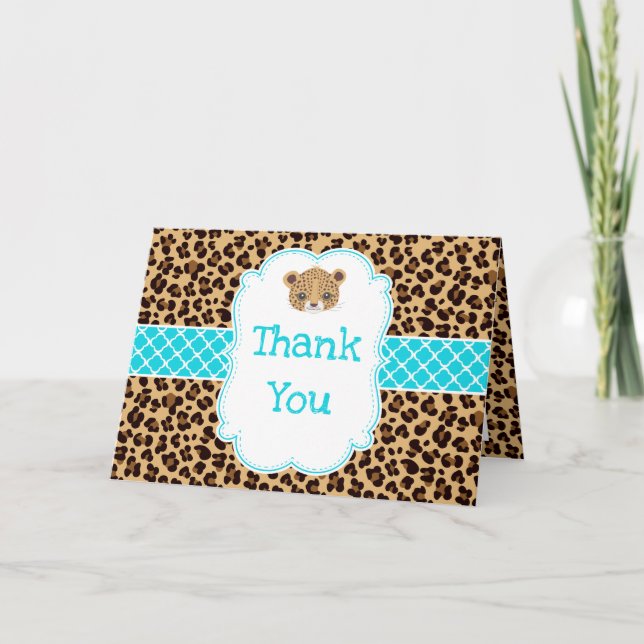 Leopard Print Blue Quatrefoil 'Thank You' Thank You Card (Front)