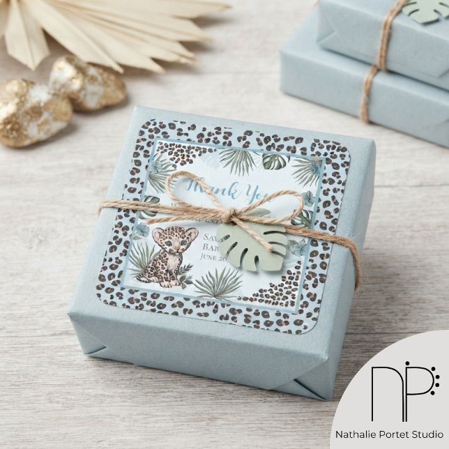 Leopard Print Blue Thank You Stickers (hand-drawn baby leopard boy cub, jungle leaves, and blue florals for safari favor labels)
