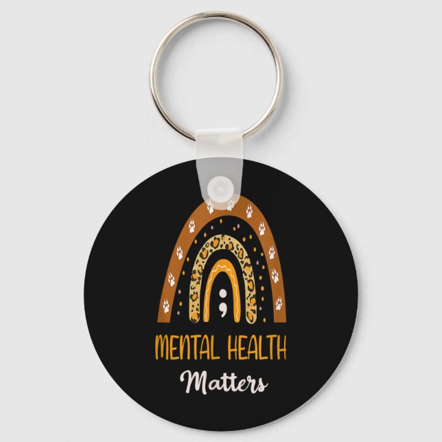 Leopard Print Boho Rainbow For Mental Health Aware Key Ring (Front)