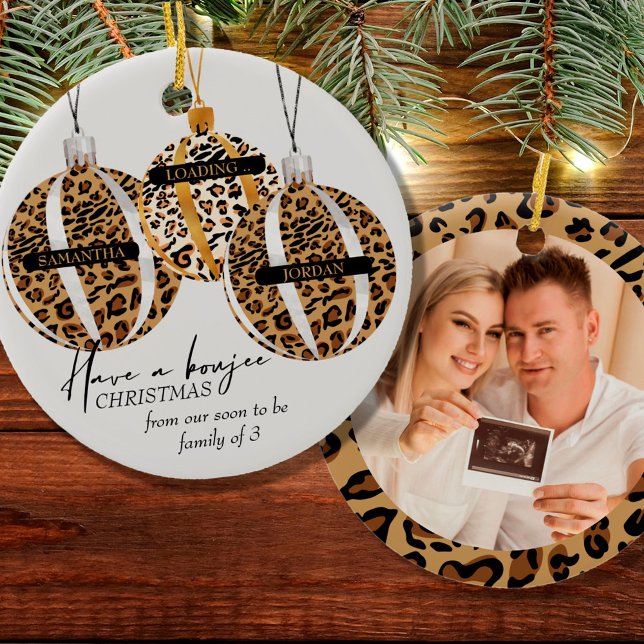 Leopard Print Boujee Christmas Pregnancy Photo Ceramic Ornament (Creator Uploaded)