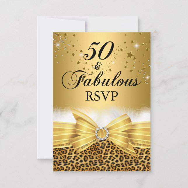Leopard Print & Bow 50 & Fabulous RSVP Gold (Front)