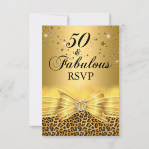 Leopard Print & Bow 50 & Fabulous RSVP Gold Invitation