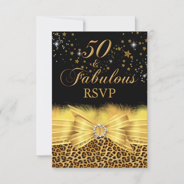 Leopard Print & Bow Gold 50 & Fabulous RSVP Invitation (Front)