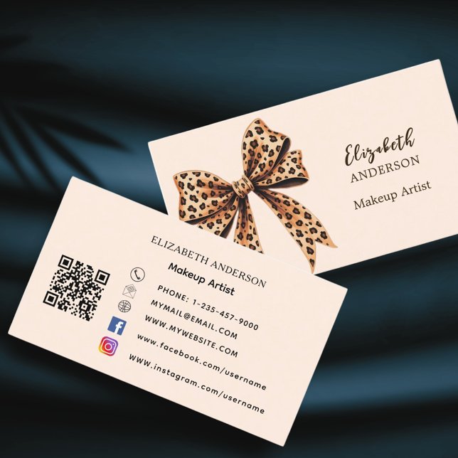 Leopard print bow peach brown qr code social media business card (Creator Uploaded)