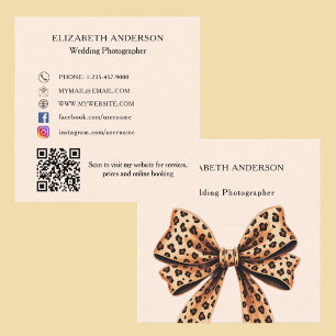 Leopard print bow peach QR code social media Square Business Card