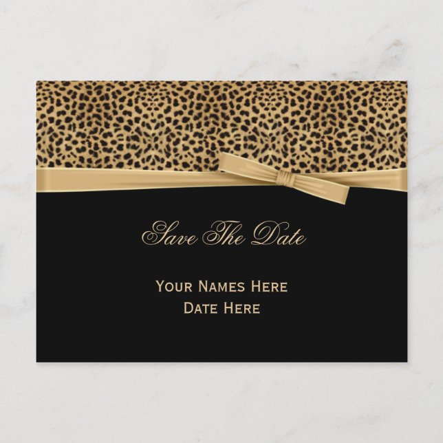 Leopard Print Bow Ribbon on Black Save The Date Announcement Postcard (Front)